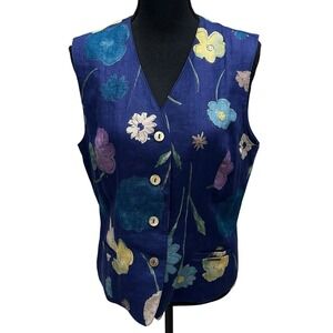 Geiger Collections Floral Linen Vest Women's Size 40 Blue‎ Austria Vintage